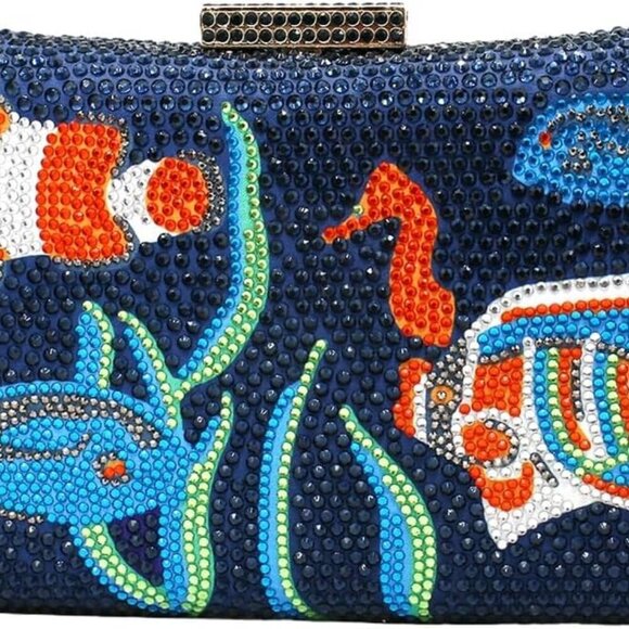 Women Glitter Fish Pattern Crystal Evening Bag Rhinestone Handbag